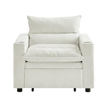 Eafurn 3-in-1 Convertible Sleeper Chair Bed Recliner Daybed w/Adjustable Backrest, Velvet Upholstered Pull Out Reading Chairs Modern Futon w/Cup Holders for Small Spaces Living Room - color: Beige 36.14"