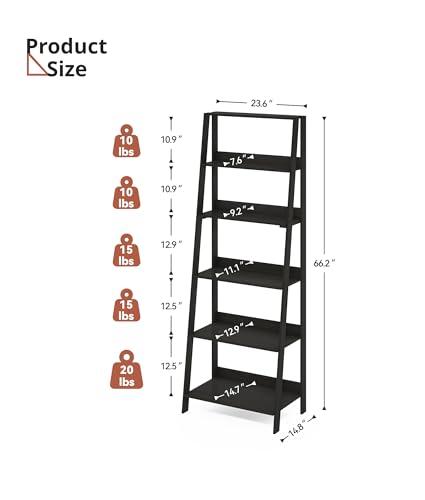 6-Tier Ladder Shelf, Wooden Bookshelf Bookcase, Freestanding Corner Storage Shelves for Living Room, Kitchen, Bedroom, Balcony, Black