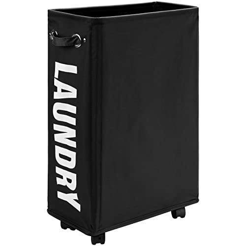 DOKEHOM 25" Slim Rolling Laundry Basket Hamper, Narrow on Wheels, Black | Collapsible narrow laundry hamper with mesh drawstring closure. Foldable corner clothes storage bin for small spaces - color: Black/M, size: Slim Plus 25"
