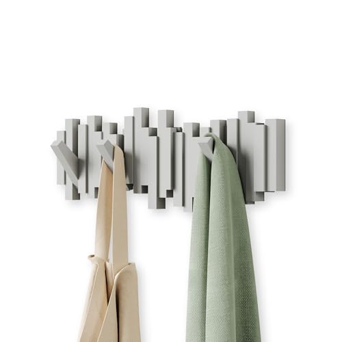 Umbra Sticks Wall Mount Coat Rack, 5 Hook Retractable Pegs, Grey | Mounting hardware included, sculptural modern design, entryway or bedroom use, recycled plastic - color: Gray, size: 5-Hook