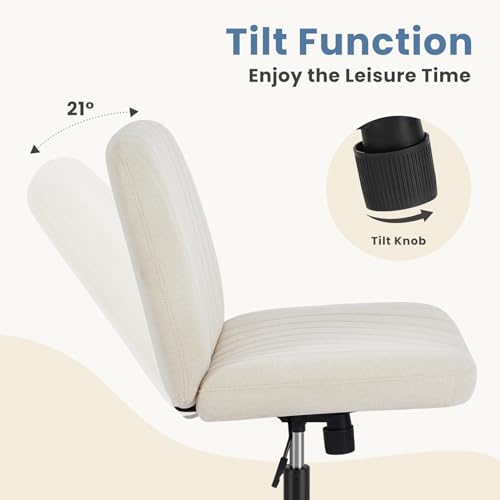 DUMOS Criss Cross Chair with Wheels, Wide Cross Legged Office Desk Vanity Chairs, Armless Height Adjustable Swivel Chairs for Home Computer Task, Fabric, Beige Wheel - color: Beige Wheel