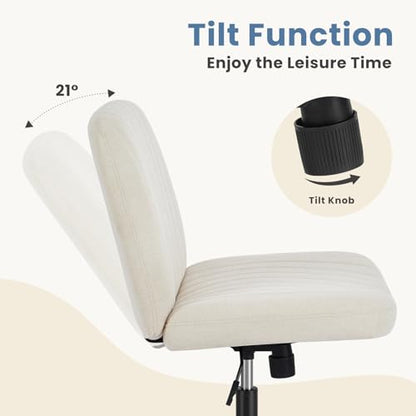 DUMOS Criss Cross Chair, Vanity Chairs with Wheels, Cross Legged Office | Armless Height Adjustable, Wide Seat Swivel, Comfy Fabric, Home Computer Desk Task, Beige Wheel - color: Beige Wheel