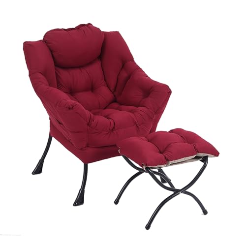 Lazy Chair with Ottoman, Comfy Accent Reading Chair, Burgundy | Foldable Footrest,Removable Cover,with Armrests and Side Pockets,Upholstered Lounge Chair for Bedroom,Dorm,Office,Small Space - color: Burgundy