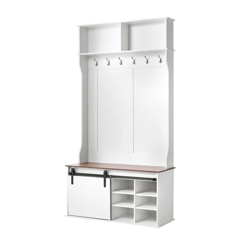 VEVOR Hall Tree with Bench and Shoe Storage, 42" Wide, Entryway Hall Tree with Bench, Hanging Hooks, Storage Shelves, Adjustable Shoe Shelves, Wooden Furniture for Mudroom, Entryway, Hallway, White - size: 41.7 x 15.7 x 78.7 in