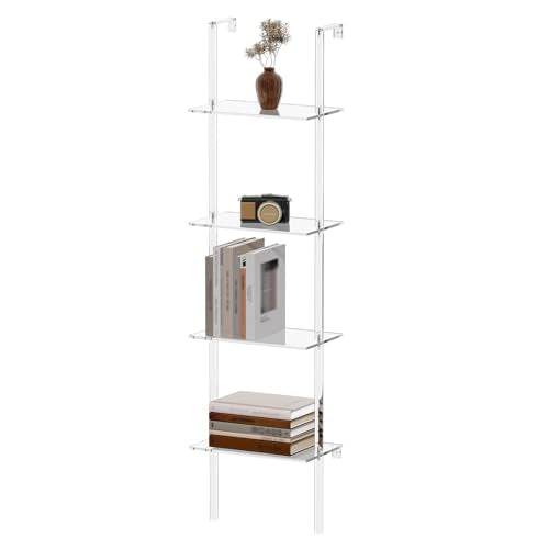 Small Acrylic Ladder Bookshelf, 9.5" D x 15.6" W, 4-Tier Clear Wall Mounted Book Shelf for Small Spaces, Multipurpose Bookcase for Living Room, Bathroom, Office, Modern, 59" H - size: 4-Tier