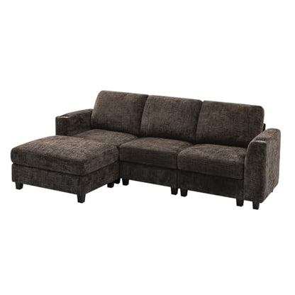 87" Chenille 3 Seater Couch with Soft Ottoman, Brown | L-Shape Sectional Sofa with Durable Cup Holders, Upholstered Sofa with Comfy Backrests for Living Room, House - color: Brown, size: 87" L-Shape