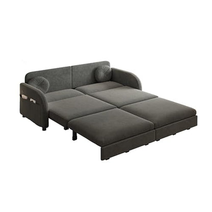 65.4'' Queen Size Sleeper Sofa Bed, 3-in-1 Pull Out Chenille Couch, Grey | Cozy Curved Armrest, Loveseat with USB, 2 Round Pillows, Washable Cover, Pocket, for Living Room, Apartment, Small Spaces, RV - color: Grey, size: 65.4'' Queen