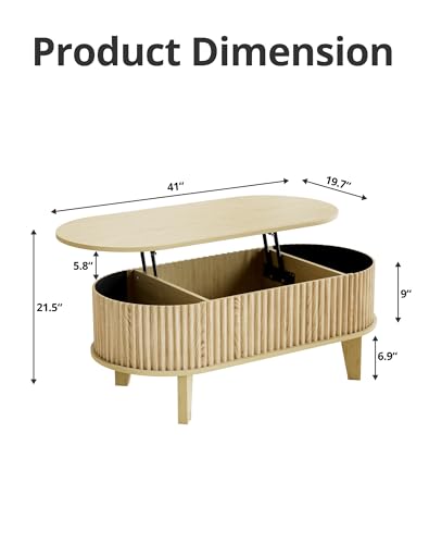 Oval Coffee Table with Lifting Top, 41" Fluted Coffee Table with Storage for Living Room or Home Office, Oak - color: Oak