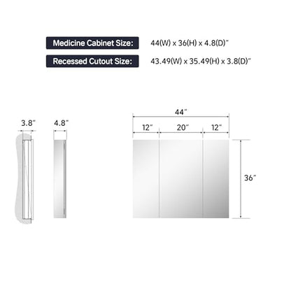 44"x36" Medicine Cabinet with Mirror & Soft Close Hinges, Surface Mount or Recessed Medicine Cabinet with Adjustable Shelves, Bathroom Wall Medicine Cabinet with Storage, Aluminum Alloy Frame, Combo - size: 44" x 36"