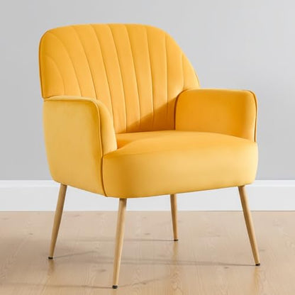 GDFStudio 25" Velvet Accent Chair with Arms and Back, Modern Shell-Shaped Upholstered Barrel Chairs, Small Comfy Reading Chair Lounge Chairs with Solid Legs for Living Room Bedroom Office Cafe, Yellow - color: Yellow