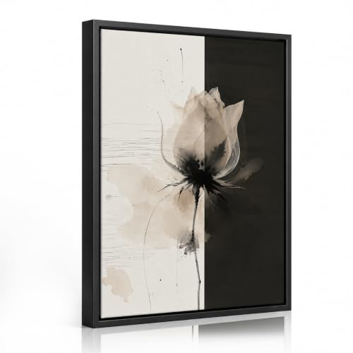 Framed Minimalist Flower Wall Art, Black and Beige Canvas Print | Zen-style Color-blocked Lotus Bud Painting, Minimalist Flower Artwork for Bedroom, Study and Reading Nook, 16×20 Inch - color: Lotus Bud, size: 20"L x 16"W
