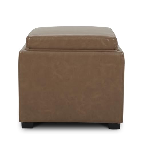 CHITA Storage Ottoman Cube with Tray Lid, Small Footstool with Storage, Square End Table for Living Room and Bedroom, Faux Leather in Saddle Brown - color: Saddle Brown
