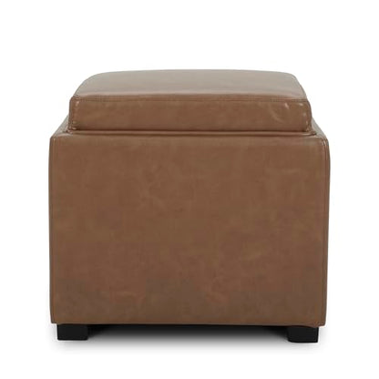 CHITA Storage Ottoman Cube with Tray Lid, Small Footstool with Storage, Square End Table for Living Room and Bedroom, Faux Leather in Saddle Brown - color: Saddle Brown