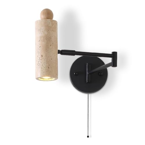 Modern Travertine Stone Wall Sconce, Adjustable Swing Arm Wall Lamp, Black Metal Base Pull Chain Switch Bedside Reading Spotlight for Bedroom Study Room Bedside - color: Natural