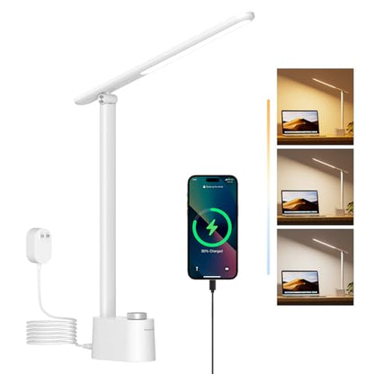 Honeywell LED Desk Lamp, Sunturalux™ White Desk Lamps for Home Office USB | Foldable LED desk lamp with USB-C/A charger, RG0 eye-safe, CRI95, stepless dimming 10%-100%, 3 color temps (3000K-5000K) - color: White