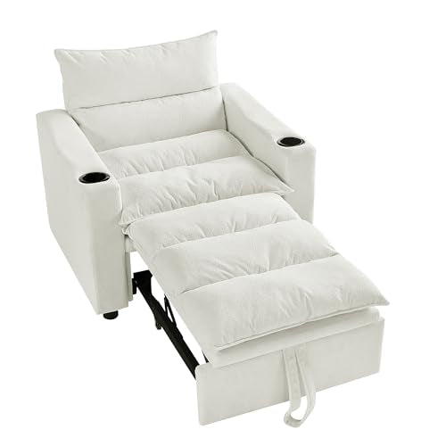SLEERWAY 3 in 1 Convertible Sleeper Sofa Bed, 36.14" W Easy Pull Out Chair Bed with Dual Cup Holders, Comfy Thick Padding Futon Love Seat with Adjustable Backrest for Living Room Small Space (Beige) - color: Beige, size: 36.14"