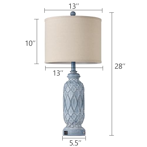 Farmhouse Lamps for Bedroom Set of 2, 28" Rustic Lamps for Living Room with USB Ports, 3-Way Dimmable Nightstand Table Lamp (Bulbs Included) - color: 3.Blue
