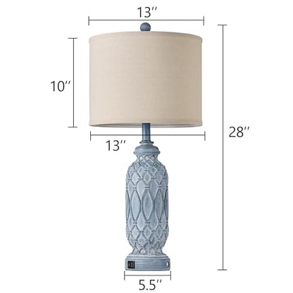 Farmhouse Lamps for Bedroom Set of 2, 28" Rustic Lamps for Living Room with USB Ports, 3-Way Dimmable Nightstand Table Lamp (Bulbs Included) - color: 3.Blue