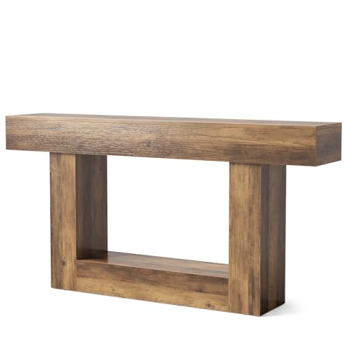 LITTLE TREE 63 Inches Long Console Table, 2-Tier Farmhouse Sofa Table Behind Couch, Large Narrow Entryway Table for Living Room, Wooden Hallway Foyer Table with Heavy Duty Base, Rustic Brown - color: Rustic Brown