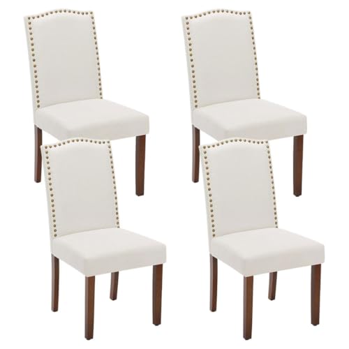 Kitchen Chairs Set of 4 Modern Upholstered Fabric Seat with Nailhead Trim and Ergonomic Lumbar Support for Living Room and Rustic Farmhouse Dining Area, Beige - color: Ivory, style: set of 4