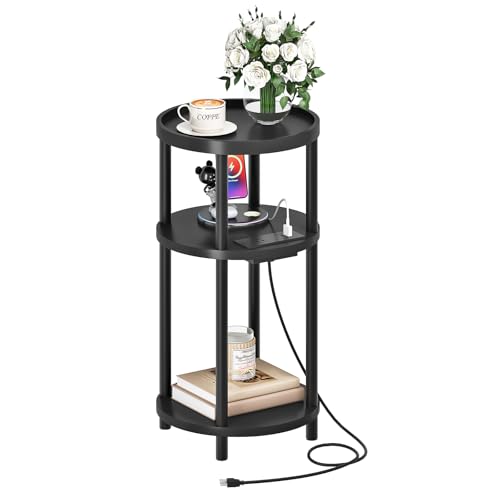 HOOBRO Small Round Side Table with Charging Station, 3-Tier Round Bamboo End Table, Compact Sofa Bedside Table for Small Space, Easy Assembly, for Living Room, Bedroom, Apartment, Black BB152UBZ01 - color: Black
