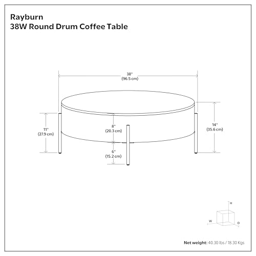 SIMPLIHOME Rayburn 38" Wide Solid Mango Wood Drum Coffee Table in Natural | Modern industrial coffee table with black metal legs and a large surface; round cocktail table or center table. - color: Refined Natural