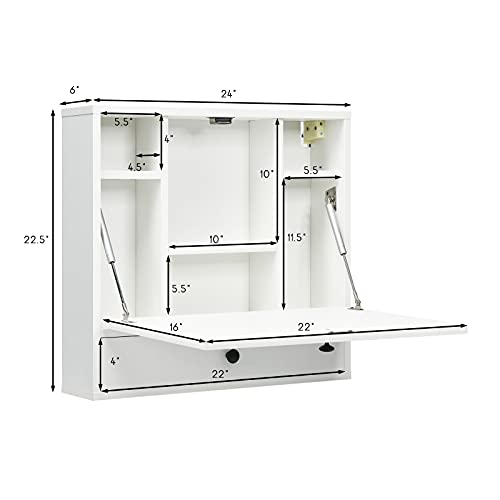 Tangkula Wall Mounted Desk, Pneumatic Floating Laptop Desk with Magnetic Foldable Tabletop, Space Saving Wall Mounted Table Wall Desk with Storage Drawer and Shelves (White) - color: White