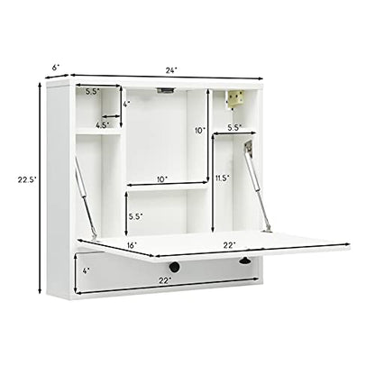 Tangkula Wall Mounted Desk, Pneumatic Floating Laptop Desk with Magnetic Foldable Tabletop, Space Saving Wall Mounted Table Wall Desk with Storage Drawer and Shelves (White) - color: White