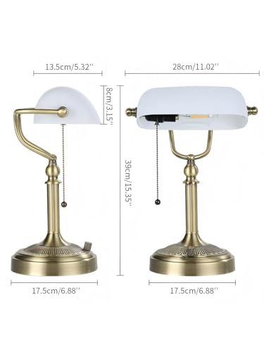 White Matted Stepless Dimmable Glass Bankers Desk Lamp | Table Lamp Plug in Fixture for Study Home Office Library, LED Bulb Included - color: White