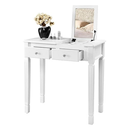 LEEMTORIG 31.5" Solid Wood Small Vanity Desk with Flip-top Mirror, Compact Wooden Writing Desk with Drawers, 3 in 1 Secretary Desk/Dressing Table/Nightstand for Small Space, White SZT-D0036-WT - color: White