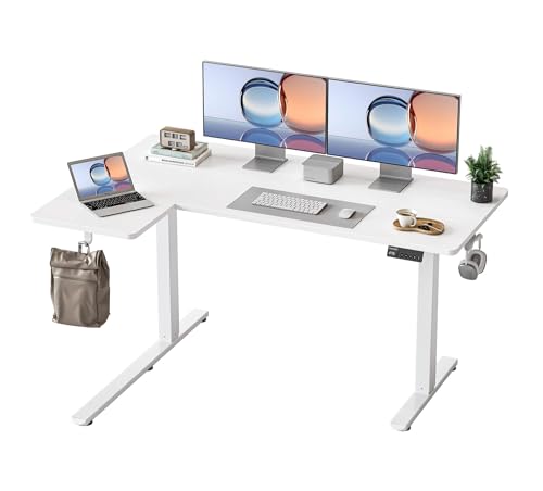 YIHAYO Reversiable L-Shaped Electric Standing Desk, 55 Inches Adjustable Height Corner Desk, Sit and Stand Up for Work Office Home, Computer Table with Splice Board, White - color: White Frame/White Top, size: 55*36 Inch