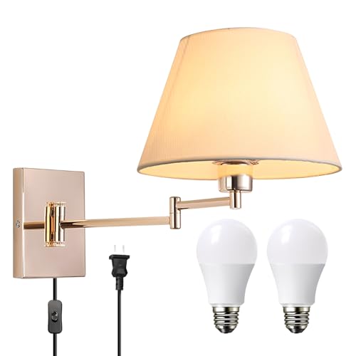 Plug-In Wall Sconce, Rose Gold Swing Arm Lamp with Fabric Shade for Bedroom | Adjustable bedside wall light with fabric shade and E26 socket for replaceable bulbs; ideal for living rooms or studies - color: Rose Gold, size: 1PCS
