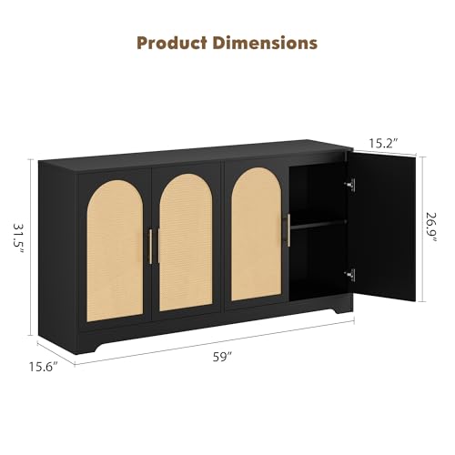 Garvee 59" Rattan Sideboard Buffet Cabinet - Large Storage Cabinet with 4 Doors, Modern Console Table Accent Coffee Bar Cabinet for Living Room, Kitchen, Hallway, Dining Room, Black - color: Black, size: 4 Doors