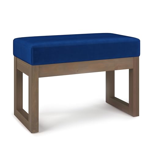 SIMPLIHOME Milltown 27" Wide Velvet Rectangle Ottoman in Blue | Blue, contemporary velvet ottoman with a cushioned seat for extra seating in the bedroom; footstool, footrest or pouf. - color: Blue, style: Small Ottoman Bench