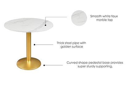 30 Inch Round Dining Table, Modern Tulip Bistro Table with White Faux Marble Top and Weighted Gold Pedestal Base, Small Kitchen Table for 2-4 People, Mid Century Style for Dining Room, Cafe, Office - color: White