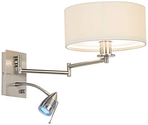 Radix Plug-In Swing Arm Wall Lamp with LED Reading Arm Modern Light Fixture | Mounted Adjustable Brushed Nickel Off White Drum Shade for Bedroom Bedside House Living Room Home Hallway - color: Brushed Nickel