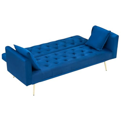 71" Modern Velvet Sofa Bed Futon, Convertible Sleeper Couch, Adj. Backrest | Tufted Recliner Loveseat Design with Golden Chrome Legs & 2 Pillows, Perfect for Small Spaces, Living Room, Apartment - color: Blue