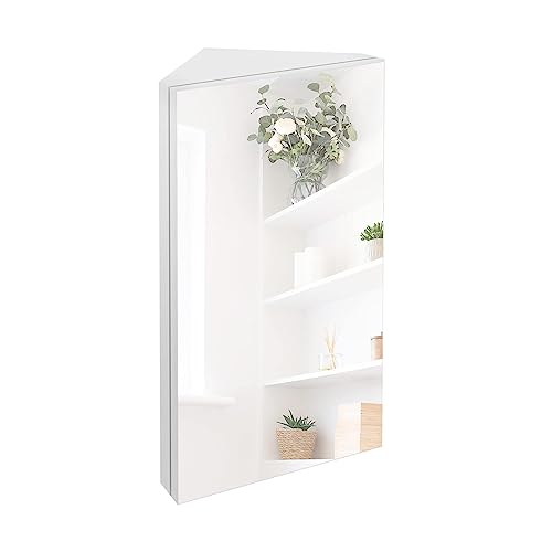 eclife 24" Bathroom Corner Medicine Cabinet W/Mirror, Single Door Bathroom White Wall Mount Mirror Cabinet, Hanging Triple Shelf Storage Cabinet Opens Left to Right - color: White, size: 13"-Single Door
