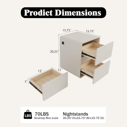Modern Leather Nightstands Set of 2, Solid Wood Bedside Table with 2 Drawers & USB Charging Station, Preassembled End Table Small Nightstand for Bedroom Living Room Office, White - color: White, size: 16"