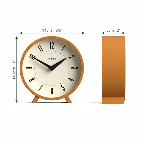 JONES CLOCKS® Venus Desk Clock | Modern Round Design | Mustard Yellow | Stylish Retro Look for Shelf, Table, Mantel or Bedside - color: Mustard Yellow