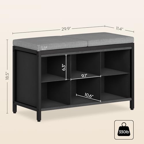 Shoe Storage Bench with Cushion, Entryway Bench, Shoe Rack with Padded Seat and 6 Oxford Compartments, for Closet, Bedroom, Entryway, Black and Gray HX01BK