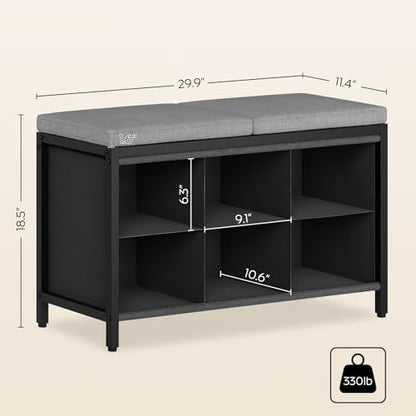 Shoe Storage Bench with Cushion, Entryway Bench, Shoe Rack with Padded Seat and 6 Oxford Compartments, for Closet, Bedroom, Entryway, Black and Gray HX01BK