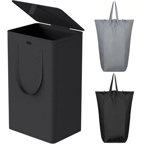 WOWLIVE 100L Black Laundry Hamper with Lid, Dirty Laundry Basket for Dorm | Tall Collapsible Dirty Clothes Hamper with 2 Removable Bags and Handles for Laundry Room, College Dorm - color: Black, size: 100l (17.0"l X 13.0"w X 27.5"h)