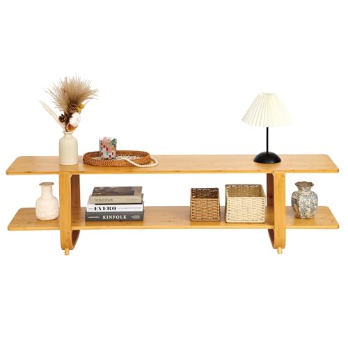 Bamboo TV Stand for TVs up to 65", Accent Entertainment Center with Storage, Media Console Table with Shelf, Modern TV Stand for Living Room, Bedroom, 55"(L), Burlywood - color: Burlywood