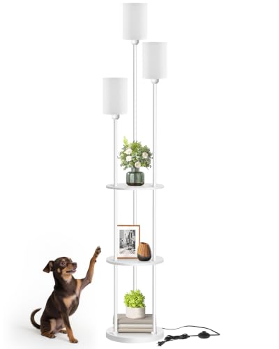 Floor Lamp with Shelves, Modern Floor Lamp with 3 Linen Shades and Foot Switch, 3-Light Standing Lamp, for Living Room, Bedroom, Study, Office, White W53LD05 - color: White