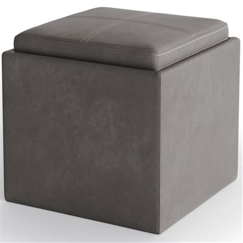 SIMPLIHOME Shay 34" Wide Vegan Leather Storage Ottoman in Distressed Black | Distressed slate grey, contemporary ottoman with flip-over tray top and hidden storage; cube storage bench for living room. - color: Distressed Slate Grey