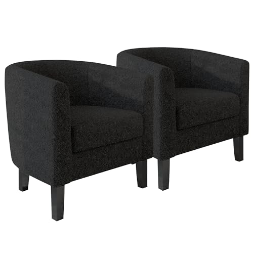 BELLEZE Living Room Chairs Set of 2, Teddy Polyester Accent Barrel Chairs, Club Tub Sofa Chairs for Bedroom, Corner Chairs with Flared Legs and Cozy Soft Padding - Highland (Teddy Black) - color: Teddy Black, style: Set of 2 Barrel Chair