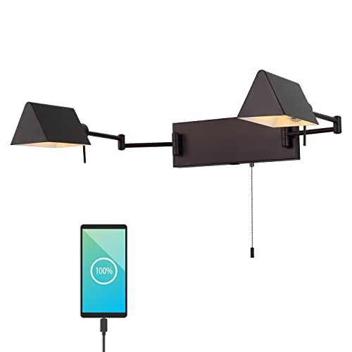 JONATHAN Y Arlo 54" 2-Light Double Swing Arm Metal Lamp, Oil Rubbed Bronze | Industrial Farmhouse Design, Pull Chain Switch, USB Charging Port, Hardwired, Adjustable Shades, LED Bulbs Included - color: Oil-Rubbed Bronze, size: 2-Light