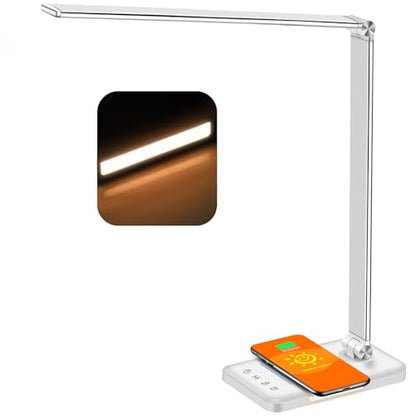 AFROG Multifunctional LED Desk Lamp with Wireless Charger, USB Charging Port, 5 Lighting Modes,5 Brightness Levels, Sensitive Control, 30/62 min Auto Timer, Eye-Caring Office Lamp with Adapter - color: White