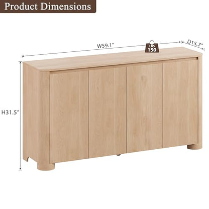 YANSNWO 59" Sideboard Buffet Cabinet with Rounded Corner, Natural Oak(1PCS) | 2-Tier Storage, Adjustable Shelves, 2"H × 6.3"D Sturdy Cylindrical Base, Handleless, Modern for Kitchen/Living Room/Hallway